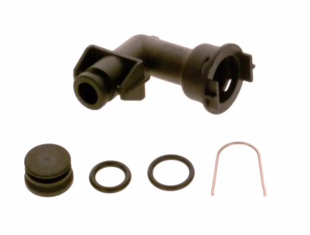 Schwarzer Kunststoffbogen von Bosch mit Zubehörteilen, darunter Dichtungen und ein Halteclip. Ideal für den Einsatz in verschiedenen technischen Anwendungen.